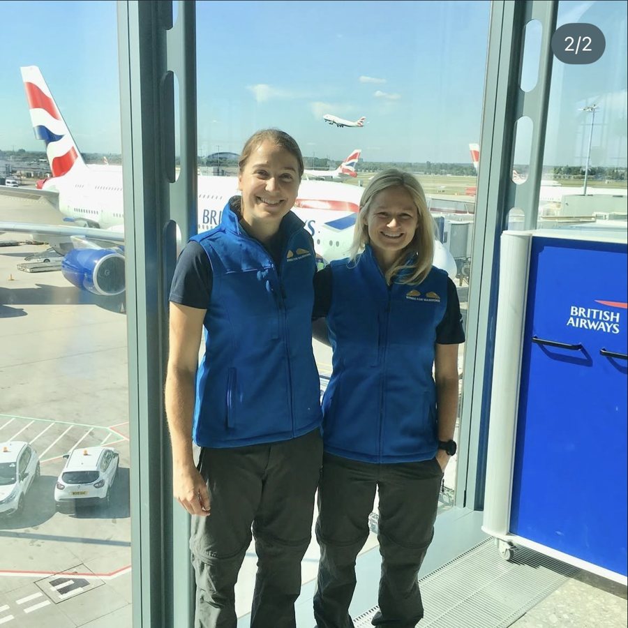 Tess and Morag departing London Heathrow for the start of the This Girl Flies world record attempt